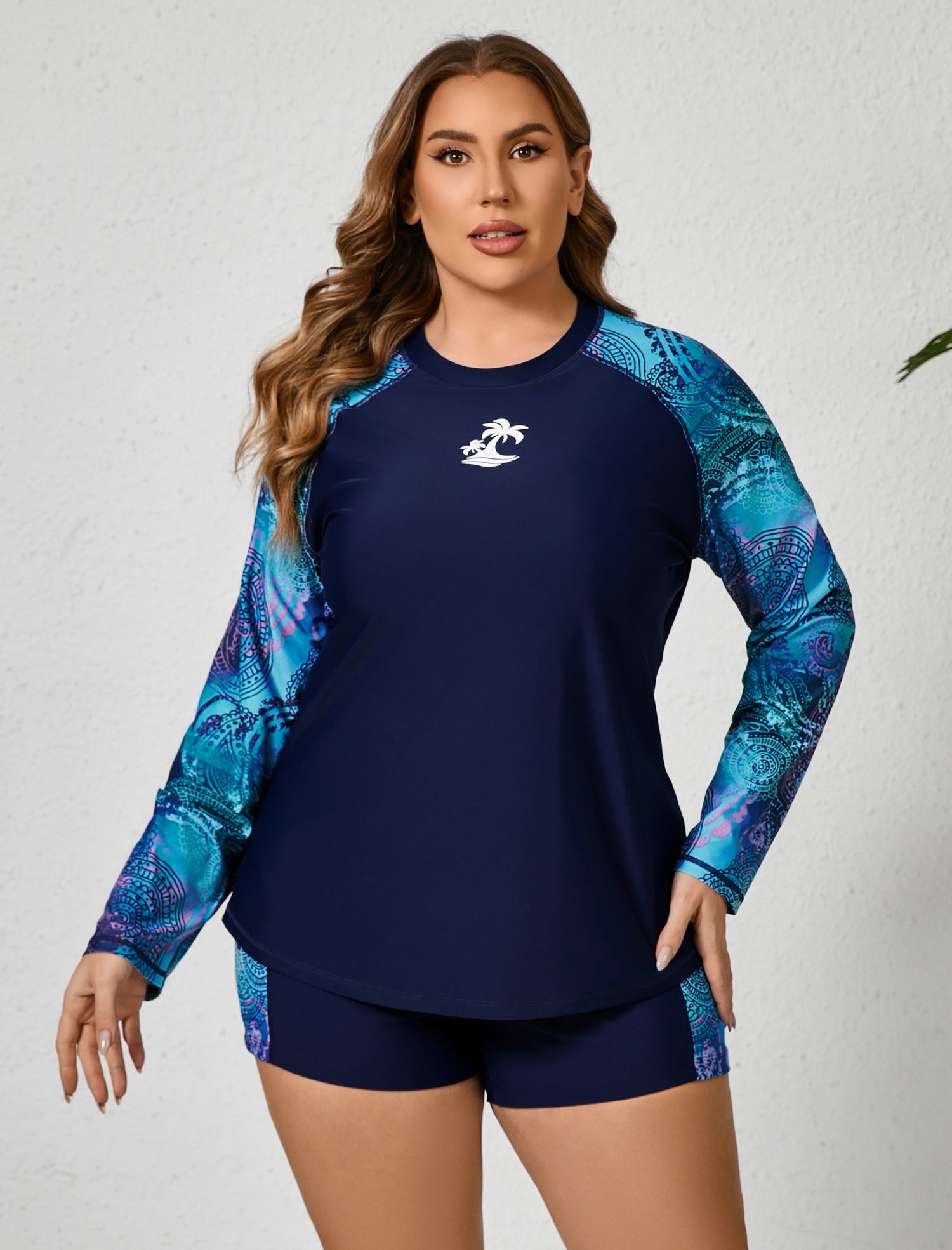 Holiday Uniform Plus Size Swim Shirt with Built in Bra and Shorts with Pockets
