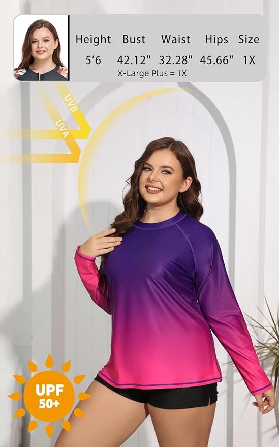 Halcurt Women Plus Size Long Sleeve Rash Guard Swimsuit Top