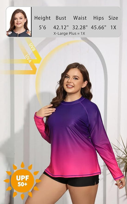 Halcurt Women Plus Size Long Sleeve Rash Guard Swimsuit Top
