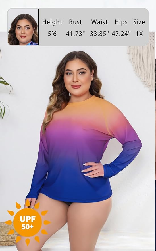 Halcurt Women Plus Size Long Sleeve Rash Guard Swimsuit Top