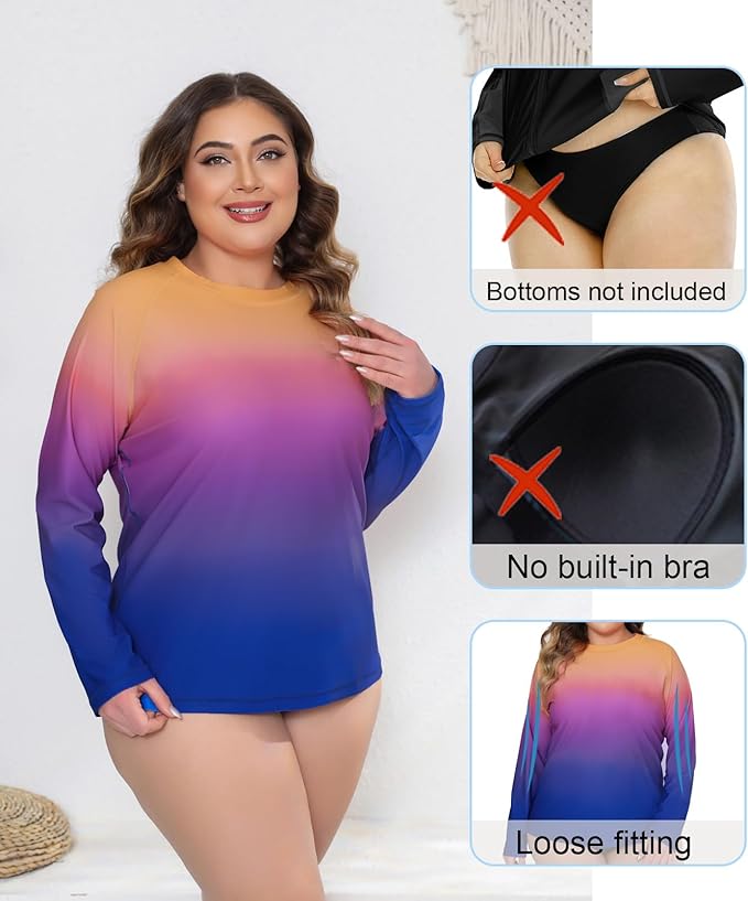 Halcurt Women Plus Size Long Sleeve Rash Guard Swimsuit Top