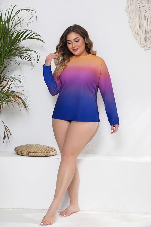 Halcurt Women Plus Size Long Sleeve Rash Guard Swimsuit Top